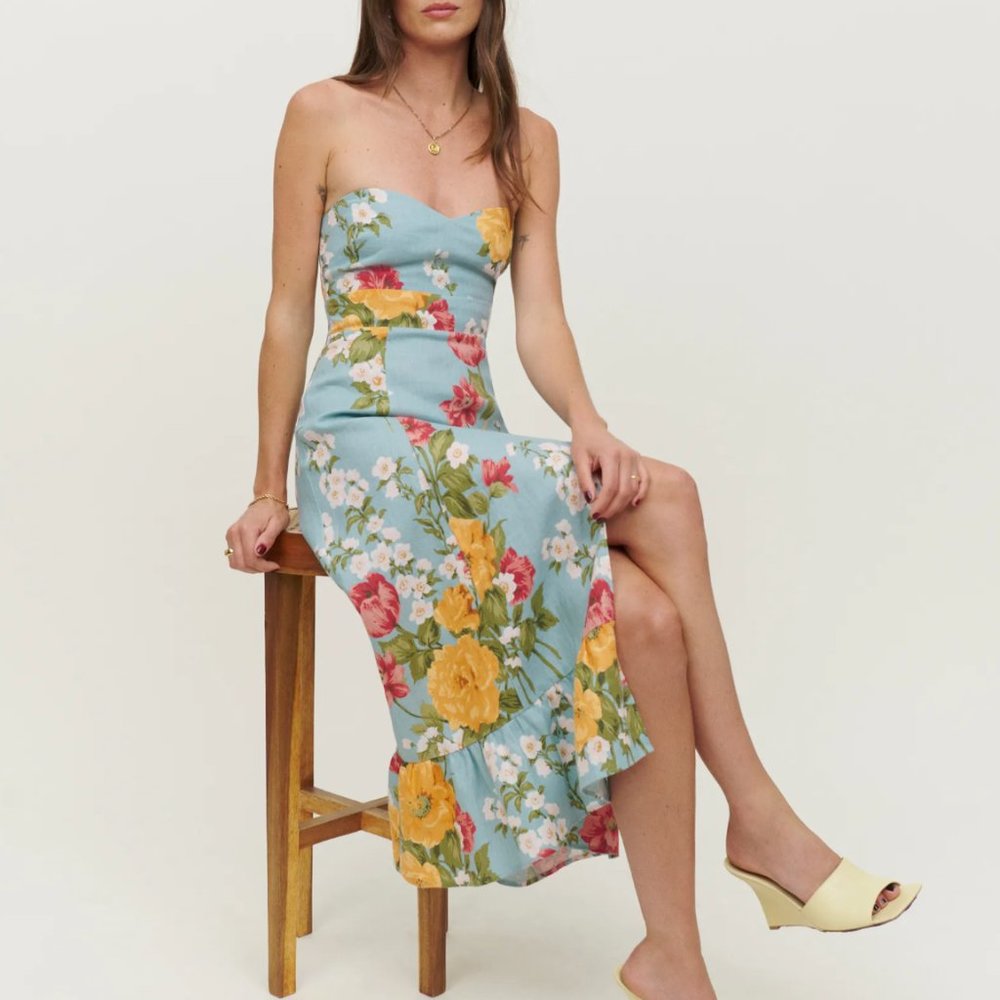 Reformation Floral Midi Dress - Blue and Yellow